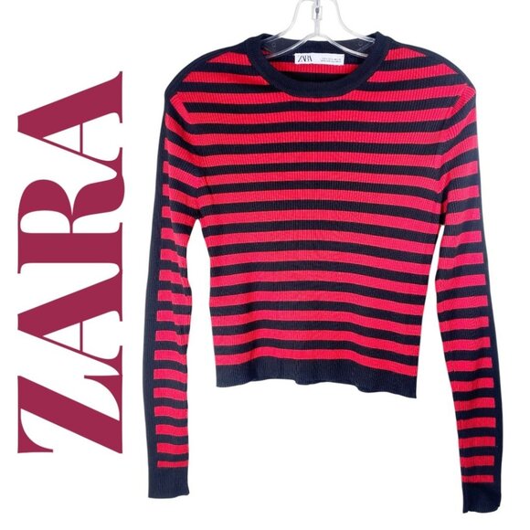 ZARA NAUTICAL STRIPED KNIT STRETCHY SWEATER FALL RED BLACK, SIZE L - Picture 3 of 9